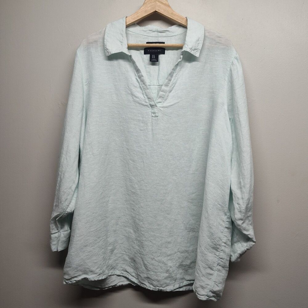 Tahari Linen Tunic Shirt Women Size 1X Blue Roll Tab Sleeve Beachy Breathable